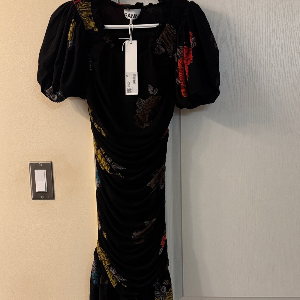 Ganni Black Dress with Leaf Patterns